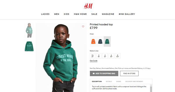 Screenshot of the H&M website featuring a black boy in a "Coolest Monkey in the Jungle" hoodie